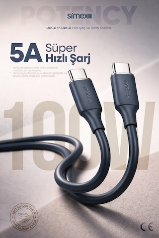 Simex 100w Type-c To Type-c Hızlı Şarj Kablosu İphone Ve Android Uyumlu, Soft Silikon 1.2 M Spk-14