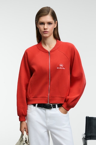 Grımelange Yasvell Kadın Metal Fermuarlı Çift Cepli Nakış Detaylı Balon Kollu Bomber Kırmızı Ceket Kırmızı