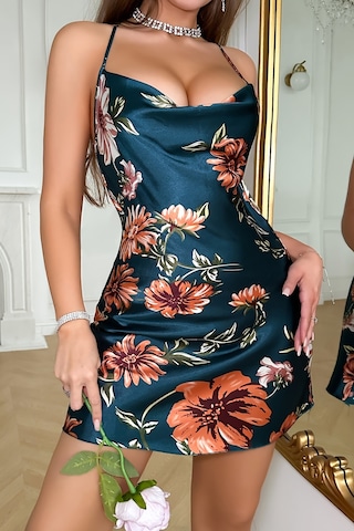 Merry See Baskılı Degaje Yakalı Saten Gecelik Elbise Çok Renkli