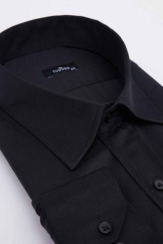 Tudors Büyük Beden Uzun Kollu Saten Erkek Siyah Gömlek-31285-siyah