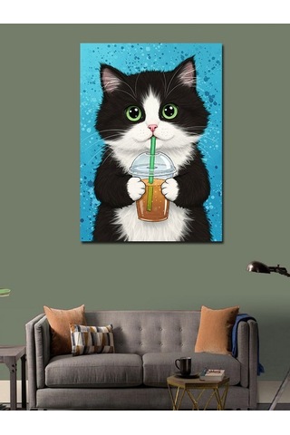Kanvas Tablo Limonata İçen Şirin Kedi 70cmx100cm