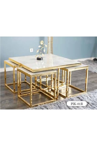 Mim Rambla - Gold Kare 4+1 Pizza Orta Sehpa Gold - Beyaz Mermer