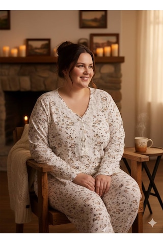 İnspira Büyük Beden Battal Pijama Takımı Desenli Uzun Kol Kışlık Kumaş Pamuklu Ekru
