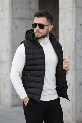 Yelly Slim Fit Fermuarlı Cep Detaylı Erkek Şişme Yelek - Çıkarılabilir Kapüşonlu & Astarlı Siyah