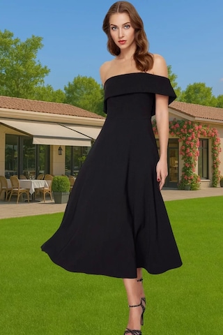 Ersefa Şık Carmen Yaka A Kesim Midi Abiye Elbise Polyester Elastan Rahat Siyah