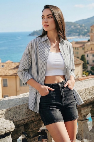 Lela Regular Fit Uzun Kollu Cepli Çizgili Bayan Gömlek 6772895 Siyah