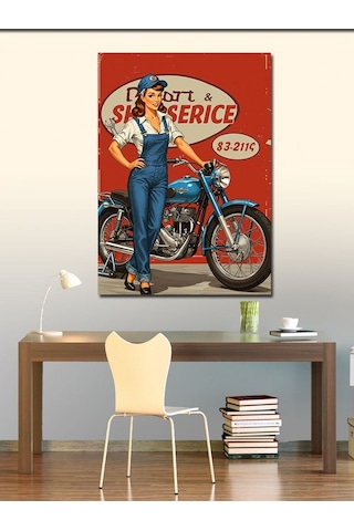 Kanvas Tablo Retro Tamirci Kadın Ve Motosiklet 70cmx100cm