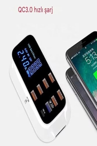 Doolike 8 Port Usb Hızlı Şarj İstasyonu Qc 3.0 + Type-c Amper Led Göstergeli Akım Koruma 1.5m Kablo Beyaz
