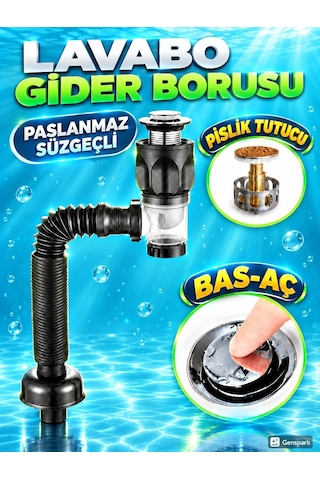 Lüks Pop-up Lavabo Banyo Gider Borusu Siyah Renkli Basmalı Taslı Körüklü