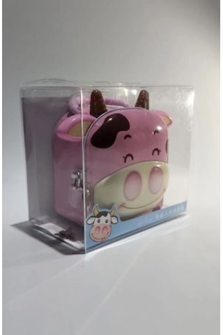 İnek Figürlü Pembe Metal Kilitli Kumbara 13x12