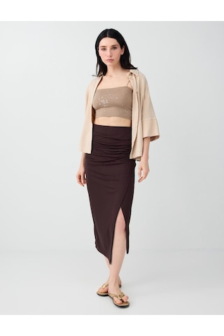Jimmy Key Jimmy Key Acı Kahve Yırtmaç Detaylı Drapeli Midi Örme Etek 6sw077422803 Acı Kahverengi