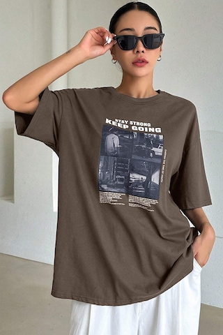 Unisex Keepgoing Baskılı Tasarım Tshirt Kahverengi