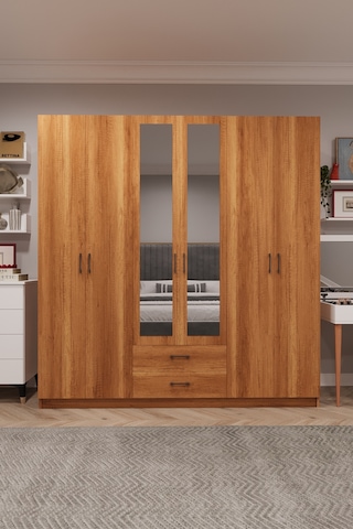 Asra Trend 6 Kapaklı Gardırop G-05 %100 MDF 2 Çekmeceli Aynalı Elbise Dolabı Petra