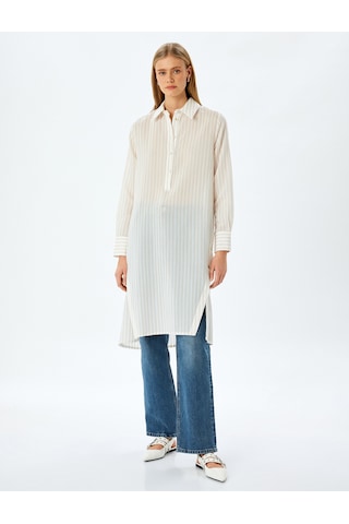 Koton Çizgili Gömlek Yaka Uzun Kollu Oversize Midi Tunik Elbise Kahverengi Çizgili 5sak80063uw 5s5