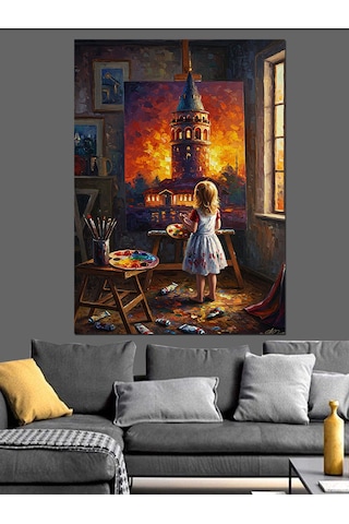 Küçük Ressam Kız Ve Galata Kulesi Dekoratif Kanvas - Mdf Ahşap Tablo