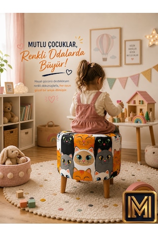 Diday Kedi Puf Trend Puf F Koltuk Puff Bench Dekoratif Bohem Doğal Gürgen Ayak Çocuk Odası Tabure Çok Renkli