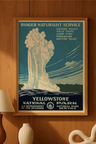 Yellowstone Doğal Ahşap Çerçeveli Poster, Dekoratif Seyahat Duvar Tablosu