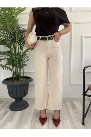 Keymoda Kadın Wide Leg Kemerli Bej Jean
