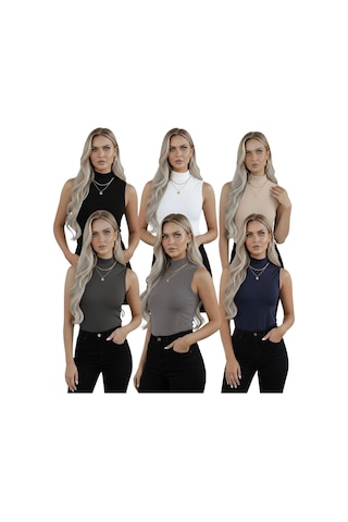 Hashtag Kadın Balıkçı Yaka Sıfır Kol Body 6'lı Set Viskon Kumaş Siyah-beyaz-bej-antrasit-gri-lacivert
