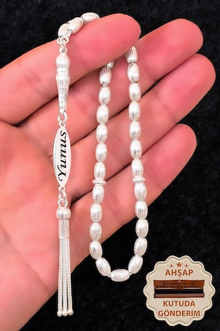 İsimli Gümüş Tesbih Çizgili Arpa Kesim İsim Yazılı Gümüş Tesbih 925 Ayar St381 Beyaz