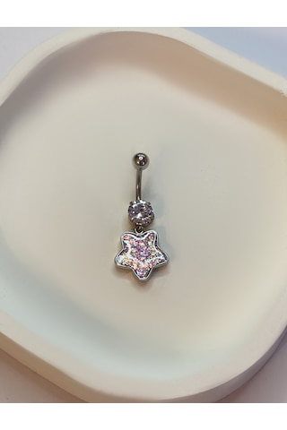 Kadın Pembe Yıldız Model Çelik Piercing Gümüş