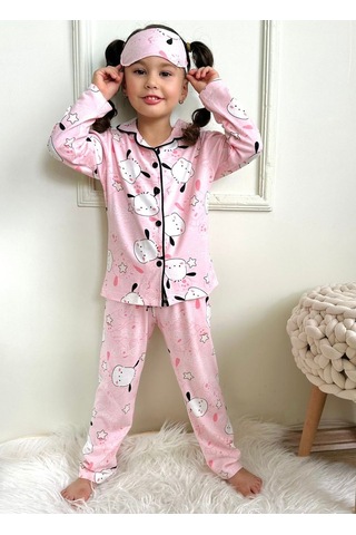 Lolliboomkids Kız Çocuk Pembe Renk Kuzu Desenli Baskılı Pijama Takımı Göz / Uyku Bantlı Kuzu Pembe