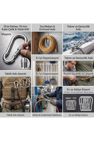 Metal Vidalı Karabina 10 Mm 5'li Paket - Kalın Çelik Yük Taşıma Kancası, Dağcılık Ve Taktik Askı Aparatı