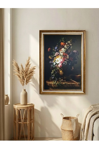 Vintage Gold Çerçeveli Dekoratif Tablo - Dark Floral Art - 60x80 Cm