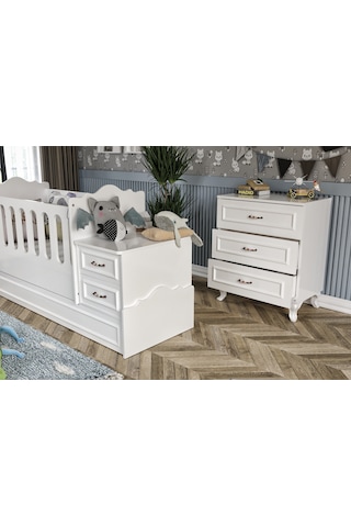 KznHome Kartopu Country Tarzı Bebek Odası Takımı - 3 Parçalı Tamamı MDF Beyaz