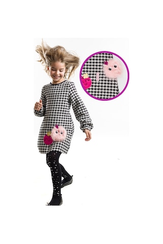 Denokids Kız Çocuk Kışlık Dokuma Siyah Aplikeli Uzun Kollu Elbise 2-8 Yaş