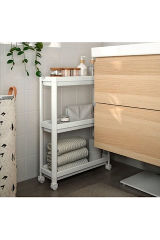 Tekerlekli Dikdörtgen 3 Katlı Raf Ünitesi Banyo Mutfak Düzenleme (495036077) Beyaz