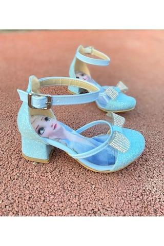 Nese Shoes Fiyonklu Simli Prenses Baskılı Kız Çocuk Topuklu Ayakkabı, Abiye Ayakkabı Mavi