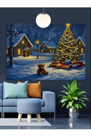 Karlı Kış Evi Ağaç Noel Dekoratif Kanvas - Mdf Ahşap Tablo