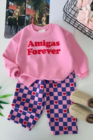 Miniğimin Cicileri Kalp Forever Baskılı Dama Desenli Kız Çocuk 2 Li Takım - Pembe Diğer