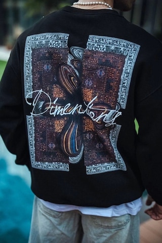 Uzun Kol Bisiklet Yaka Ön Ve Arka Baskılı Sweatshirt - Siyah Siyah