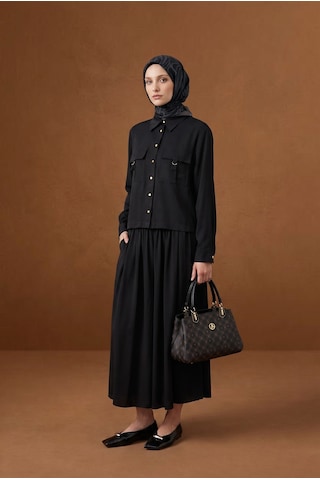 Armine Trend Cep Detaylı Düğmeli Gömlek Ve Uzun Etek Kadın İkili Takım Şık Günlük Tesettür Giyim Siyah 26yt691