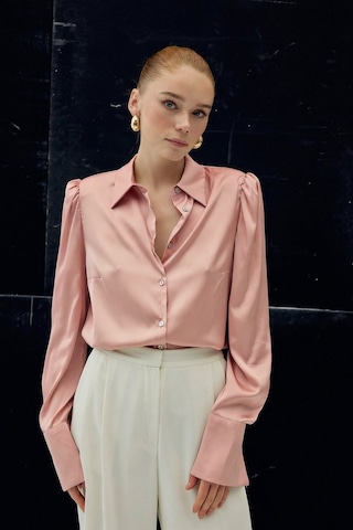 Sateen Vatkalı Saten Gömlek - Pembe-136730 Pembe
