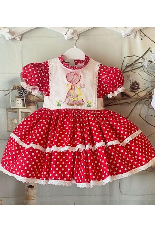 Kırmızı Puantiyeli Nakışlı Kız Bebek Elbisesi,özel Dikim Çocuk Elbisesi, Doğum Günü Elbisesi, 0-12 Yaş Kırmızı