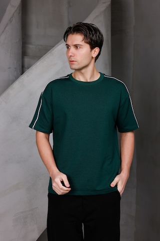 Erkek Şeritli Oversize Bisiklet Yaka 2 İki İplik Kompakt T-shirt Nefti