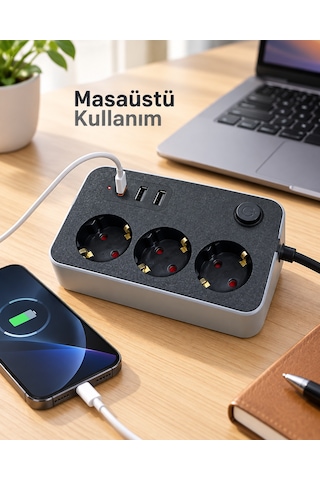 Masaüstü Kullanıma Uygun Anahtarlı Usb Ve Çıkışlı Termal Akım Korumalı Priz Diğer