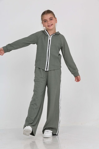 Toontoy Kids Toontoy Kız Çocuk 2'li Takım Kapüşonlu Fermuarlı Reglan Kol Sweatshirt & Beli Lastikli Bol Paça Eşofman Altı - Şerit Detaylı & Fitilli Haki