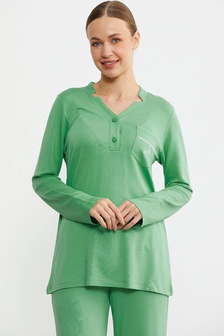 Feminight Sementa 76438 Yarım Düğmeli Cep Detaylı Pijama Takım Yeşil