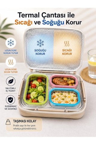 Valkyrie 3 Gözlü Paslanmaz Çelik Lunch Box Termal Taşıma Çantalı, Sızdırmaz Contalı 304 Çelik Bölmeli Yemek Kabı Çok Renkli