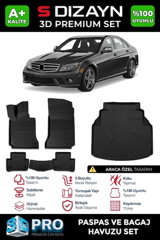 S-dizayn Mercedes C Serisi W204 3d Pro Havuzlu Paspas Ve Bagaj Havuzu Seti 2'li Set 2007-2014 A+ K