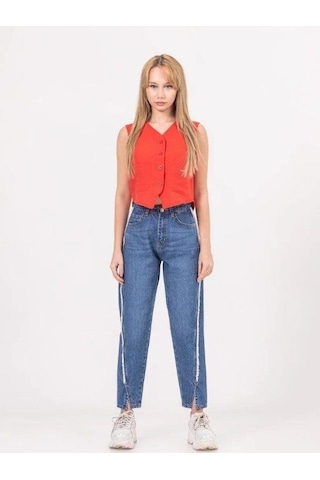 Zekids Kız Çocuk Ara Püsküllü Denim Mom Jean Pantolon-13787-mavi Mavi