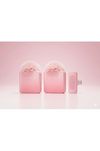 Puffmic Pembe Tüylü Kablosuz 2'li Yaka Mikrofonu Type-c Lighting Uyumlu Canlı Yayın Mikrofonu