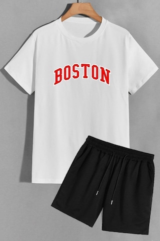 Uyguntarz Boston Şort T-shirt Unisex Eşofman Takımı Beyaz