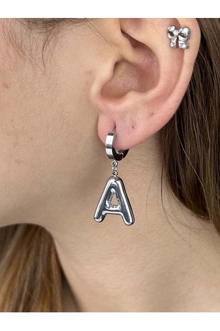 A Harfi, Balon Formlu, Paslanmaz Çelik Küpe 288, Gümüş Renk Gümüş