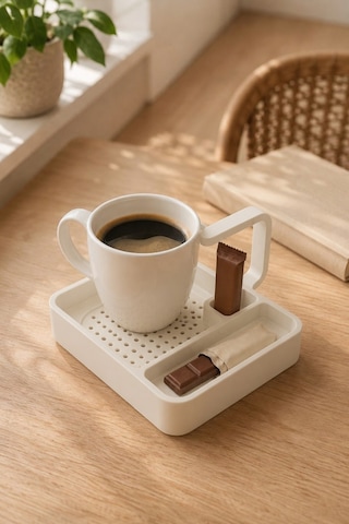 Kahve Sunum Tepsisi Çok Bölmeli Masa Üstü Organizer Kupa Fincan Standı Pla 12.5x11x7 Cm Beyaz