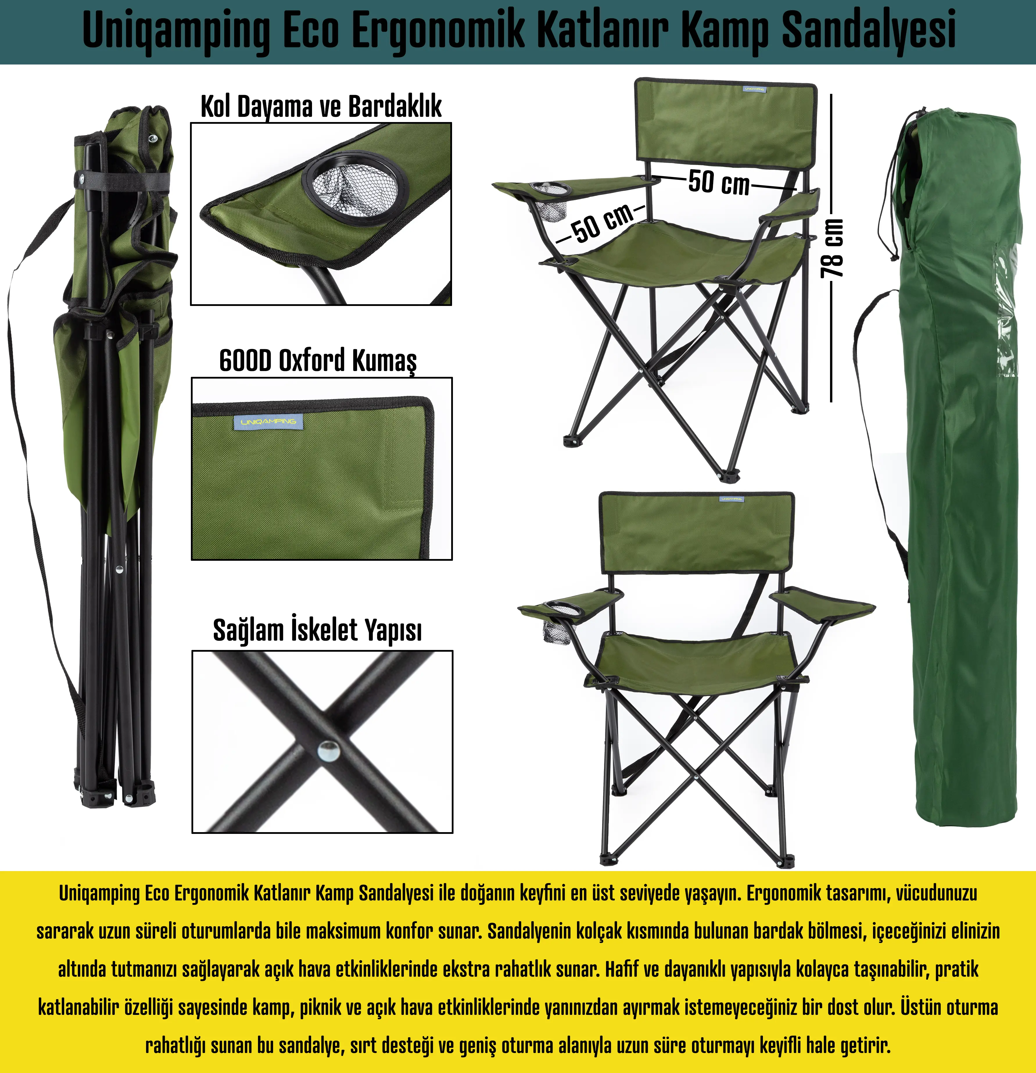 Eco Ergonomik Katlanır Kamp Sandalyesi Haki